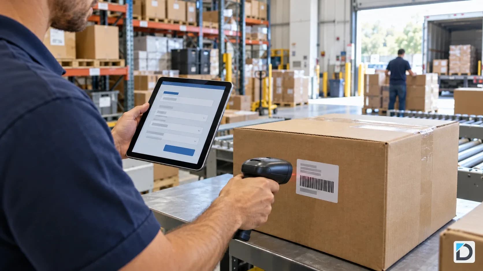 Staged editorial scene of a warehouse worker scanning a parcel while testing a web application on a tablet
