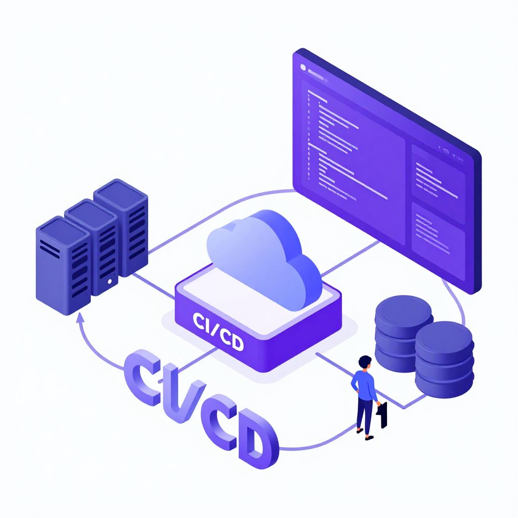 Schéma de flux DevOps illustrant des pipelines CI/CD et déploiement continu automatisant le code du développement vers le déploiement cloud.