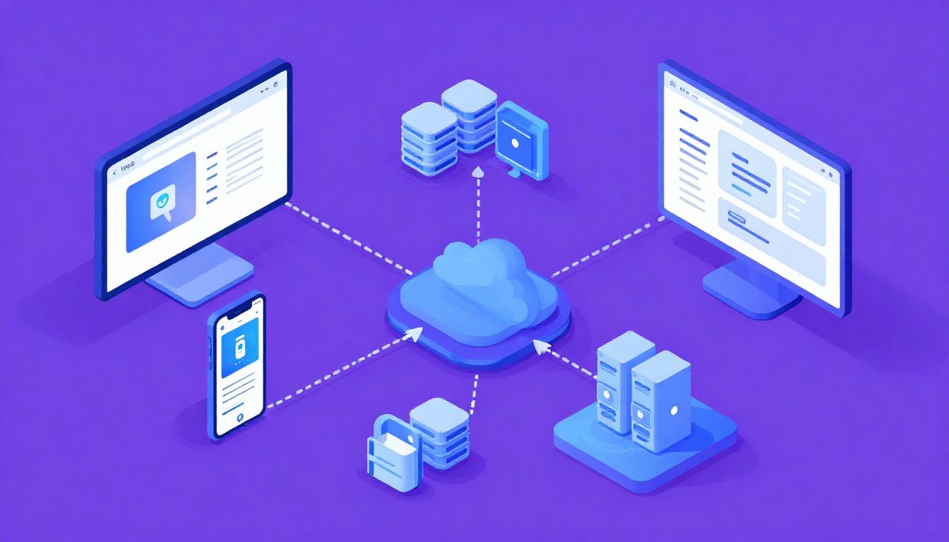 Schéma d'architecture système illustrant une architecture web Headless séparant le backend central de multiples interfaces clients (Web, Mobile, IoT).