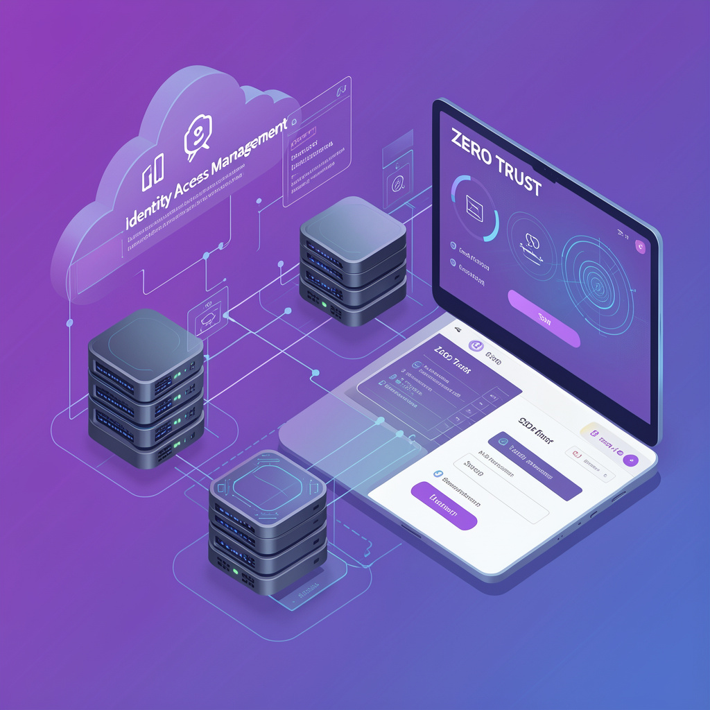 Schéma d'architecture de sécurité illustrant la gestion des identités et des accès IAM avec authentification Zero Trust, SSO et contrôle des rôles RBAC.