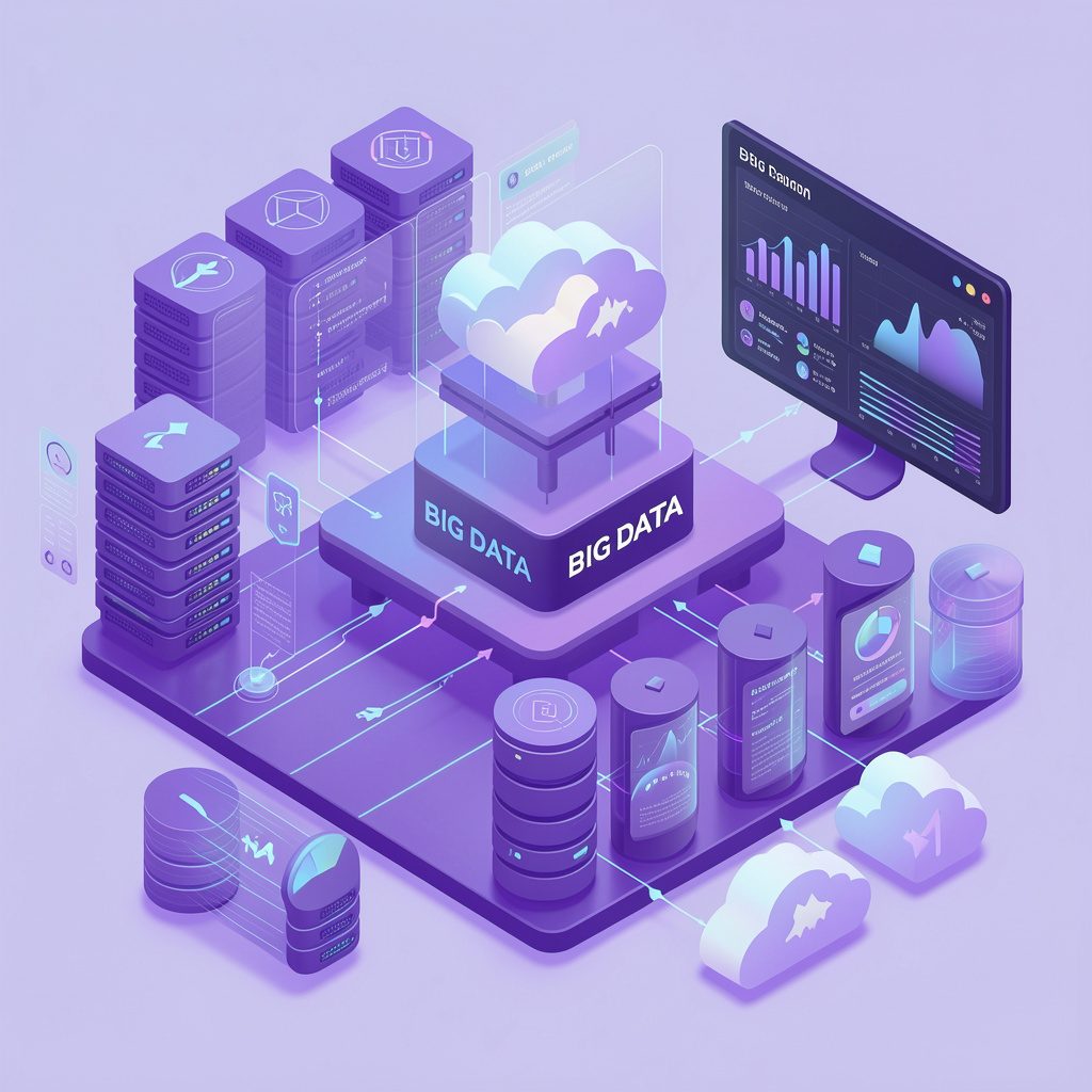 Schéma fonctionnel d'une architecture de données et Big Data illustrant l'ingestion, le stockage Data Lake, le traitement et la restitution analytique.